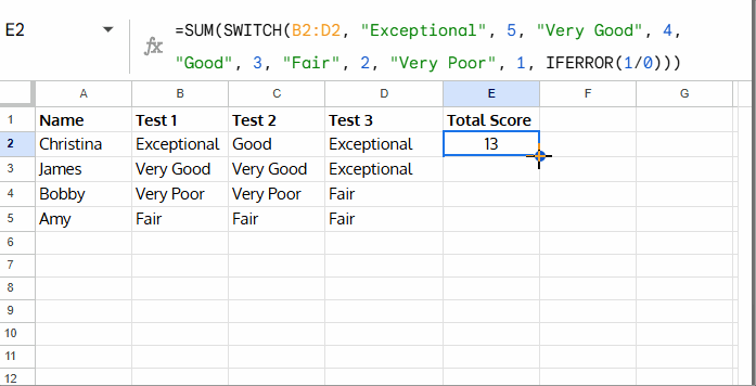 Row-by-row formula using SWITCH to sum text values by mapping scores in Google Sheets with drag-down method