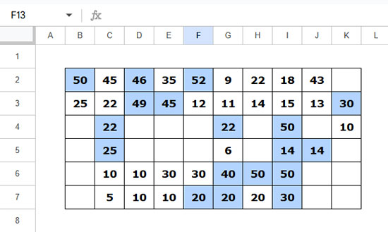 Google Sheets highlighting exactly the top 3 values in each row, ignoring extra ties