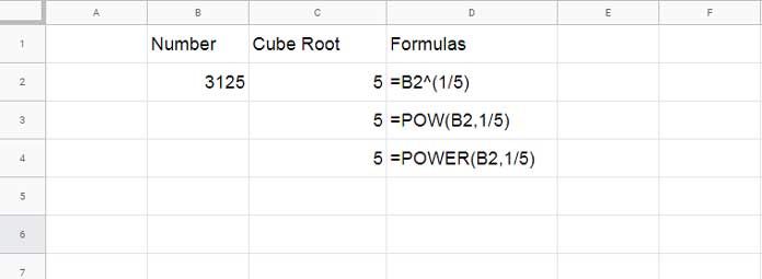 Nth root formula in Google Sheets