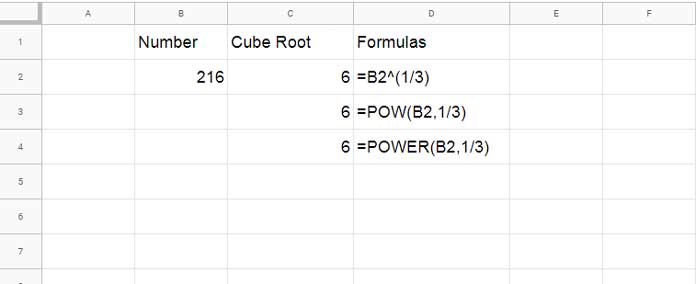 Cube root formula in Google Sheets