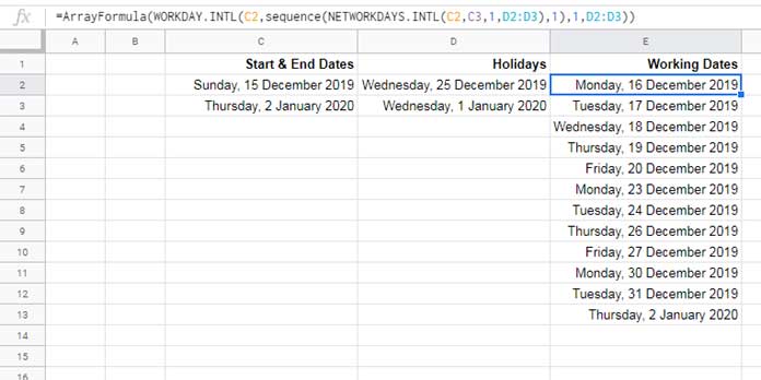 All Working Dates Excluding Holidays Between Two Dates