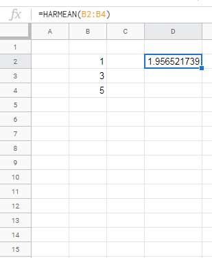 HARMEAN Function Example in Google Sheets