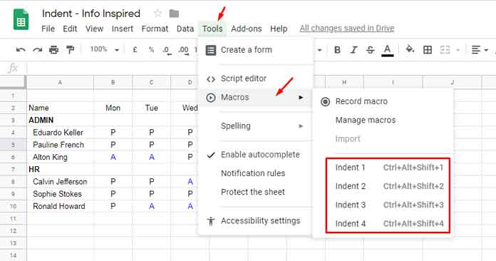 Macros in Google Sheets for Adding Indent