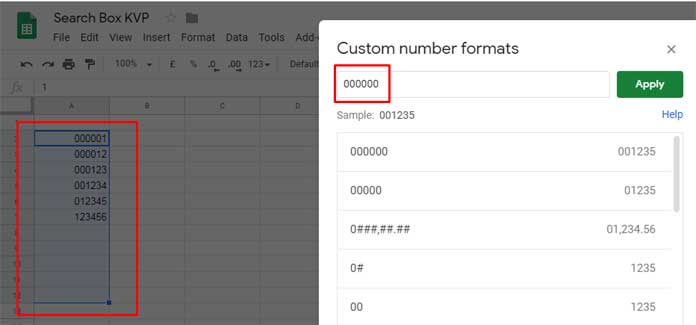 Steps to add leading zeros using number format in Google Sheets
