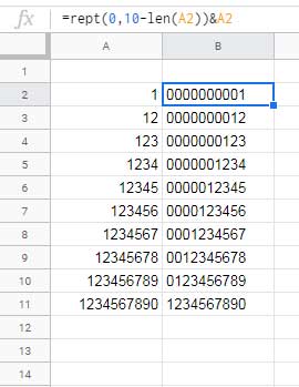 Pad zeros to existing text in Google Sheets