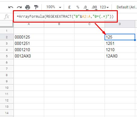 Removing leading zeros in Google Sheets using Regex