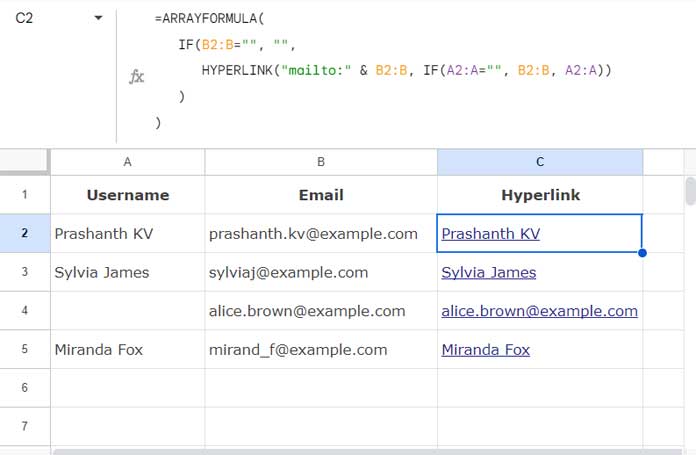 HYPERLINK Function to Create Clickable Email Address List