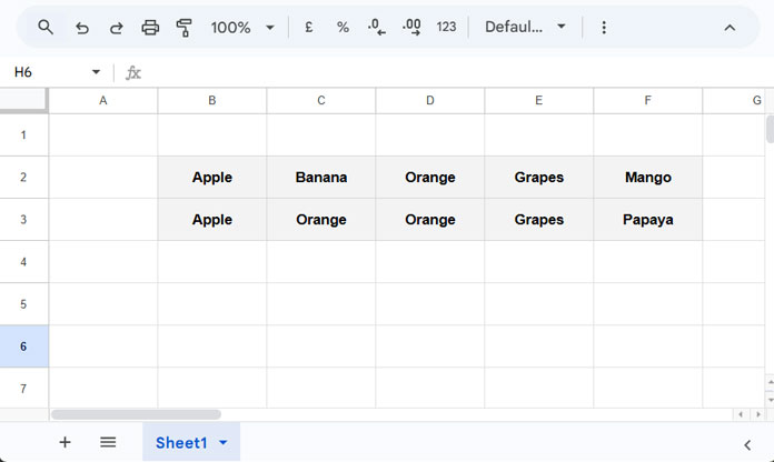 Sample data showing two rows of fruit names (B2:F2 and B3:F3) to compare column by column in Google Sheets