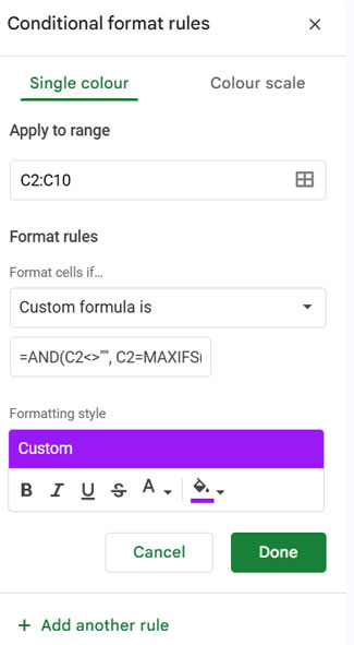 Google Sheets conditional formatting panel showing custom formula to highlight max value in each group