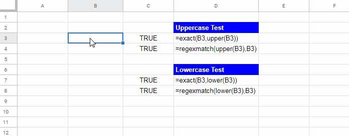 How to test case sensitivity in Google Sheets