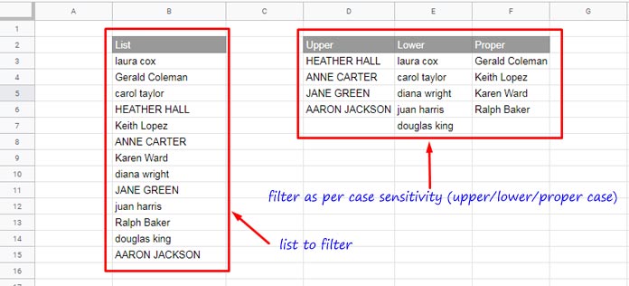 filter uppercase, lowercase, and proper case text - google sheets