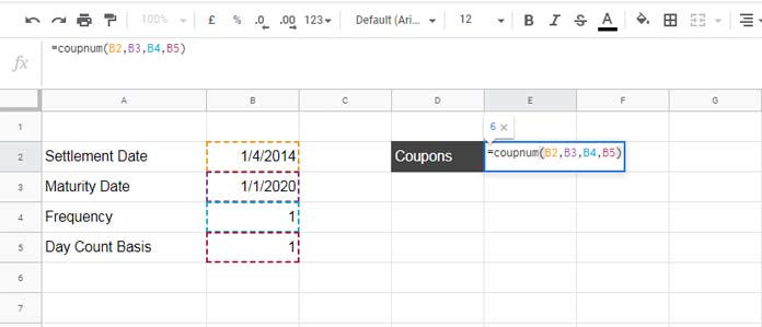Formula Example to the COUPNUM Function in Google Sheets