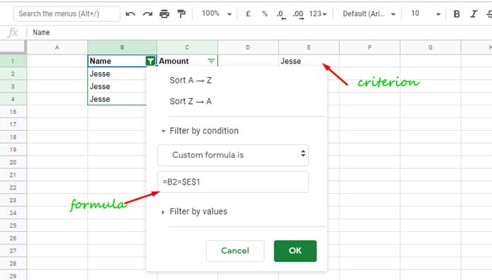 Cell Reference in Filter Menu Formula in Google Sheets