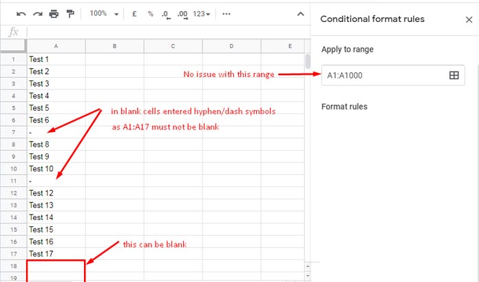 Blank cells filled with hyphen symbols