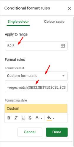 REGEXMATCH Rule in Conditional Format - Sheets