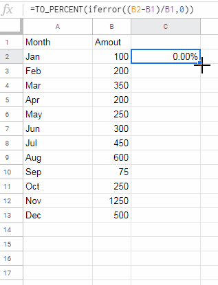 Percentage Change in a Column in Sheets