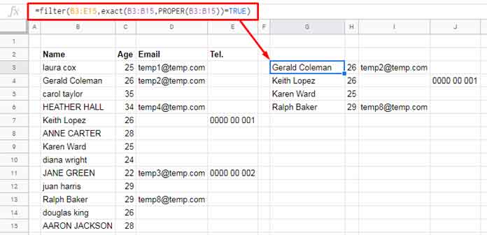 Upper | Lower | Proper Filtering in a Table in Google Sheets