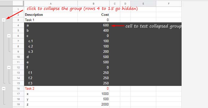 Method to Find Collapsed Groups in Google Sheets