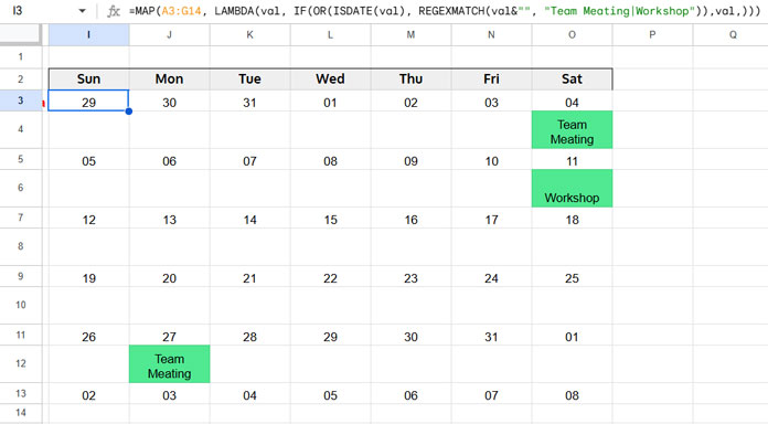 Example of filtering events in a custom calendar while maintaining a grid layout