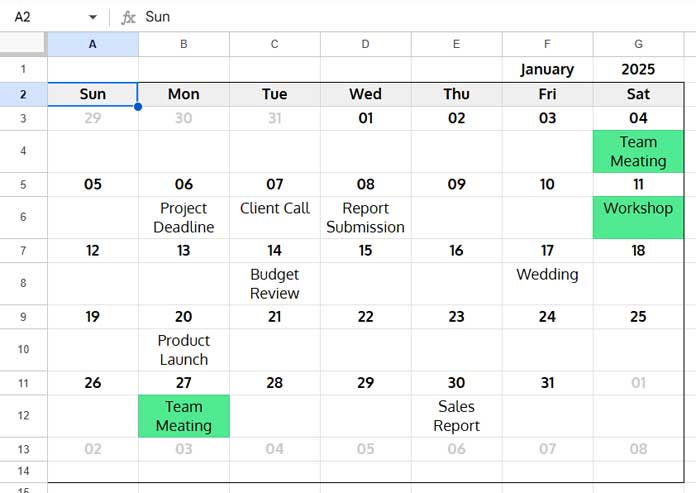 Example of a custom calendar in a grid layout