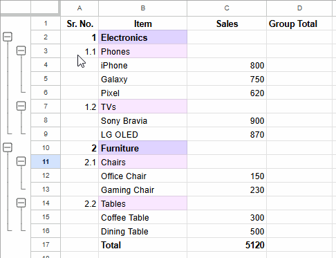 Animated demo showing how to display totals for collapsed groups and subgroups in Google Sheets