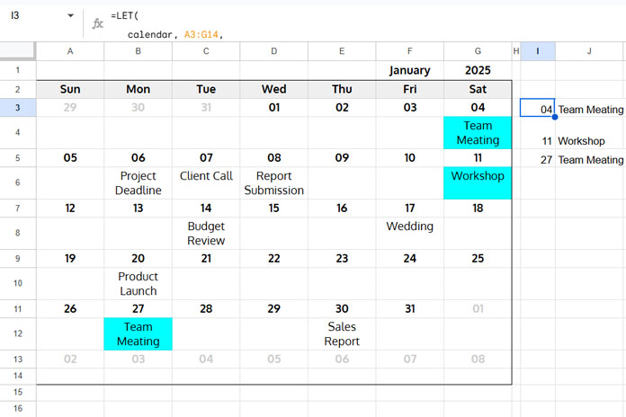 Example of filtering events in a custom calendar with results displayed in tabular form