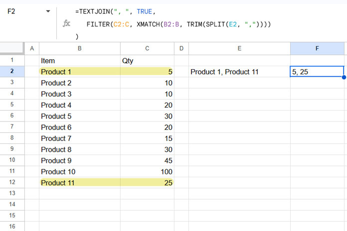 Example of applying comma-separated values as filtering criteria in the FILTER function in Google Sheets