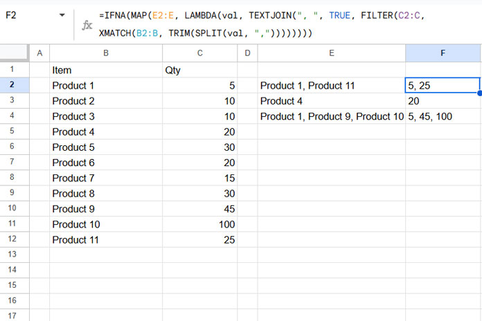 Comma-separated values in multiple rows used as filter conditions in Google Sheets