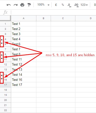 Find/check whether a row is hidden without formula in Google Sheets