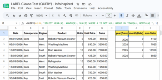 Google Sheets QUERY LABEL clause example showing sample data and automatically generated column headers