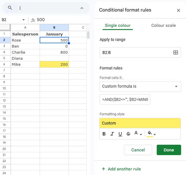 Example of highlighting the minimum value excluding zeros and blank cells in a column