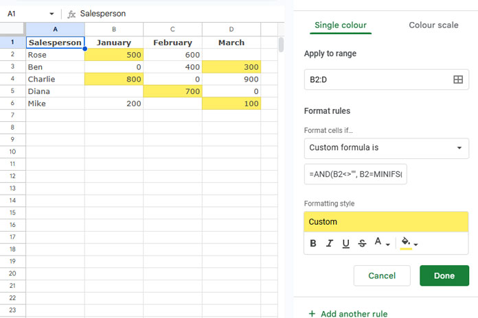 Example of highlighting the minimum value in each row, excluding zeros and blank cells