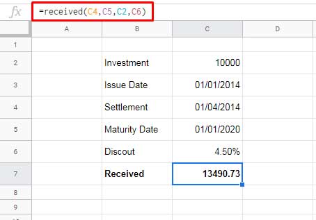 Exemple de la fonction REÇU dans Google Sheets