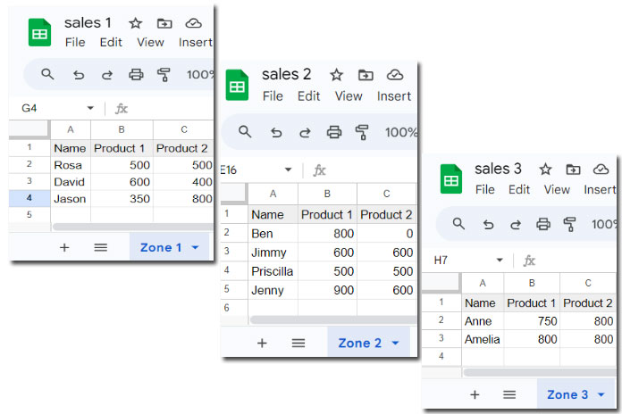 Sample Data from Three Sheets for Import