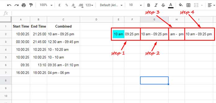 Steps to Concatenate Start and End Time in Google Sheets