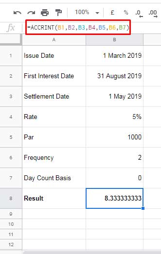 Screenshot of an example of the ACCRINT function in Google Sheets