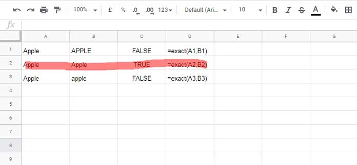 EXACT Function in Excel and Google Sheets - Comparison of Matches