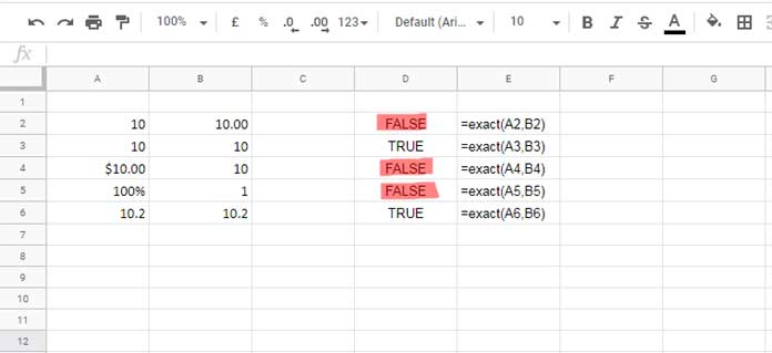 EXACT Function in Excel and Google Sheets - Comparison of Differences