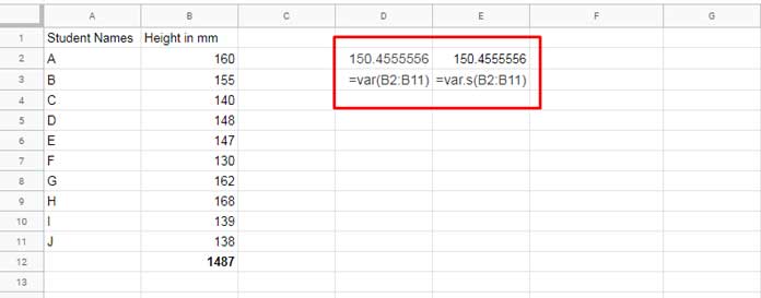 VAR Function in Google Sheets - Example