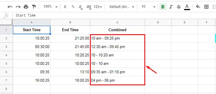 Example - Concatenate Start Time with End Time in Google Sheets
