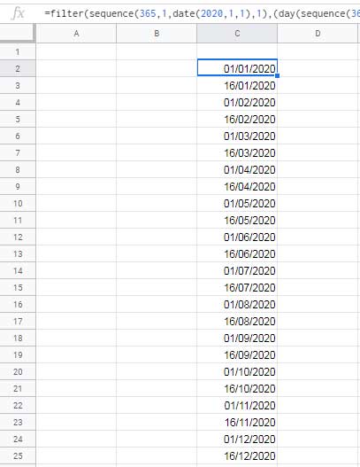 Generate Bimonthly Sequential Dates in Google Sheets