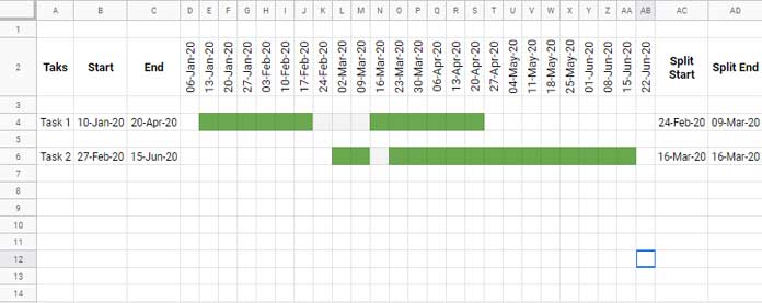 Output of Split Tasks in Gantt Chart in Google Sheets