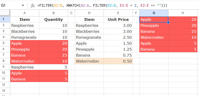 Example of using one filter as the condition in another filter in Google Sheets when the inner FILTER returns multiple values
