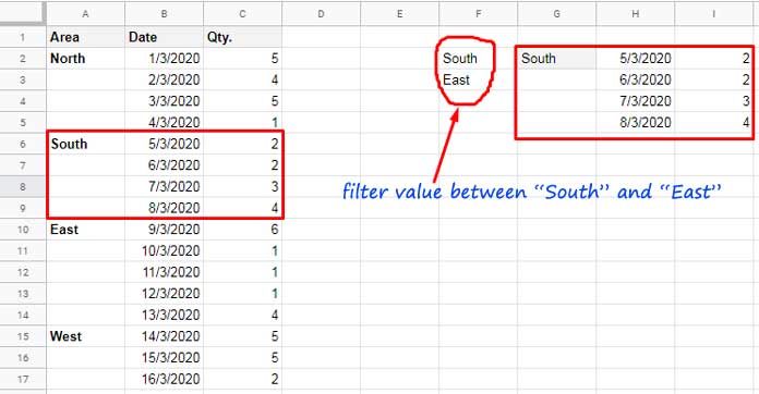 Formula to Filter Values Between Two Group Headers in Google Sheets