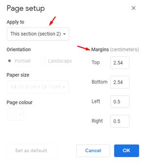 different margins on different pages in google docs