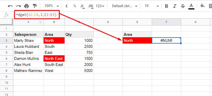 #NUM! Error in DGET in Docs Sheets