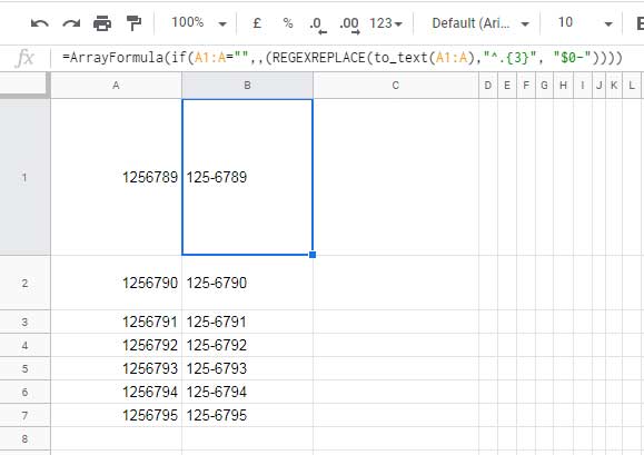 Array Formula to Insert Hyphen in Google Sheets