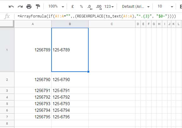 Công thức Mảng để Thêm Dấu gạch ngang trong Google Sheets