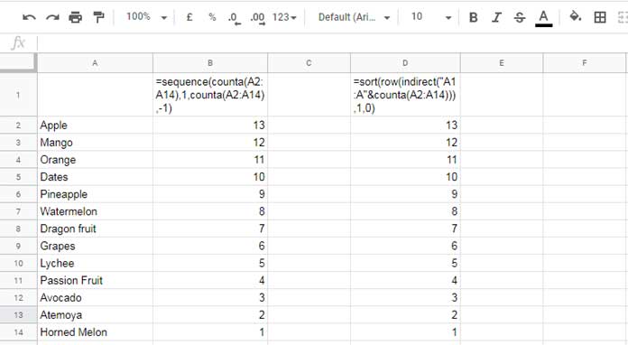 Reverse serial numbering in a list in Google Sheets