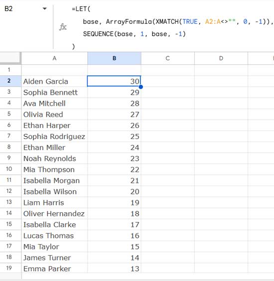 Example of dynamic backward sequence numbering in Google Sheets